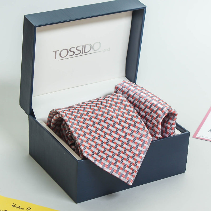 Peach Geometric Necktie & Pocket Square Giftset - TOSSIDO