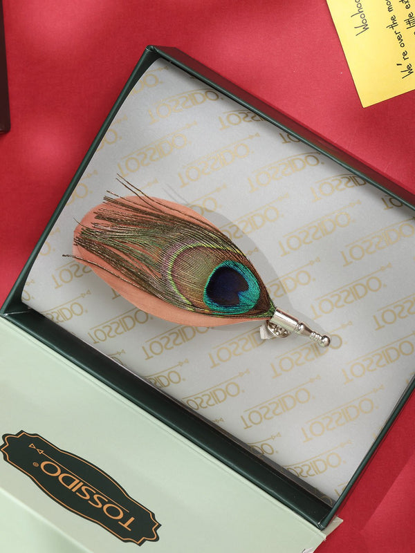 Peach Peacock Feather Brooch - TOSSIDO