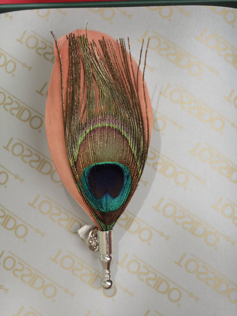 Peach Peacock Feather Brooch - TOSSIDO