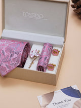 Pink Floral Necktie Pocket Square Brooch & Cufflinks Giftset - TOSSIDO