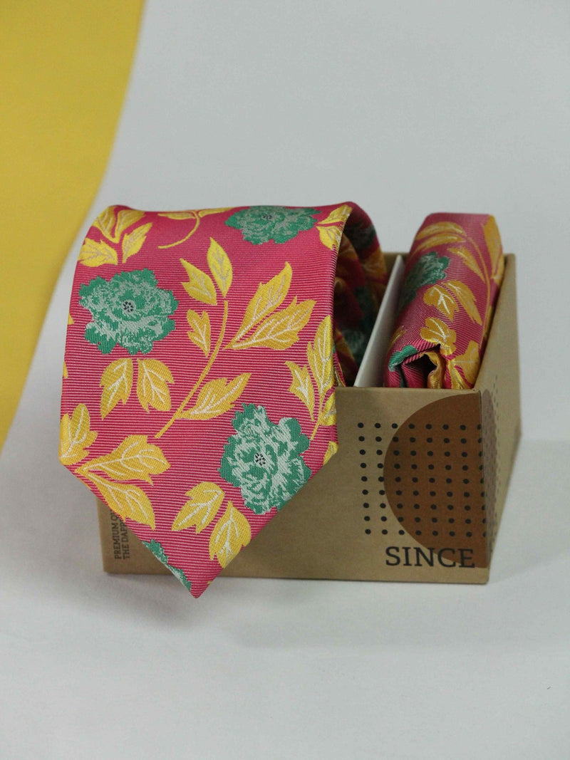 Pink Floral Necktie & Pocket Square Giftset - TOSSIDO