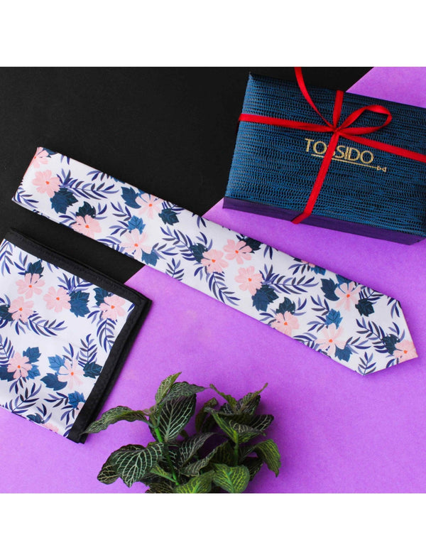 Pink Floral Printed Necktie & Pocket Square Gift Set - TOSSIDO