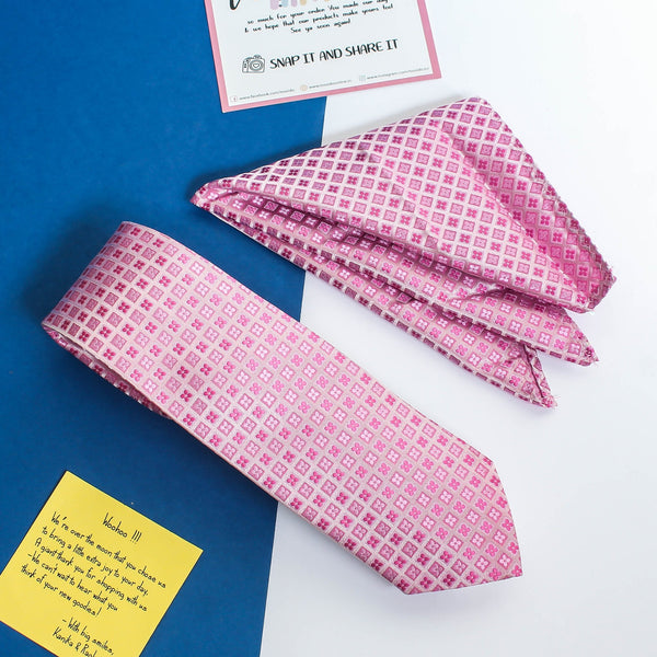 Pink Geometric Necktie & Pocket Square Giftset - TOSSIDO