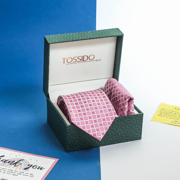 Pink Geometric Necktie & Pocket Square Giftset - TOSSIDO