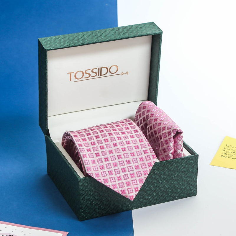 Pink Geometric Necktie & Pocket Square Giftset - TOSSIDO