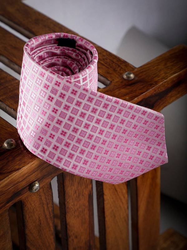 Pink Geometric Woven Long Necktie - TOSSIDO