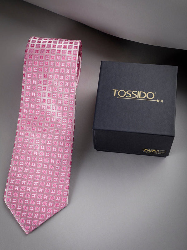 Pink Geometric Woven Long Necktie - TOSSIDO