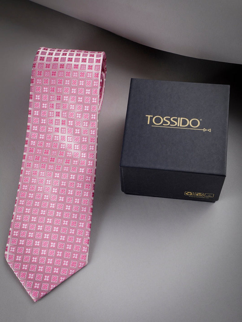 Pink Geometric Woven Long Necktie - TOSSIDO