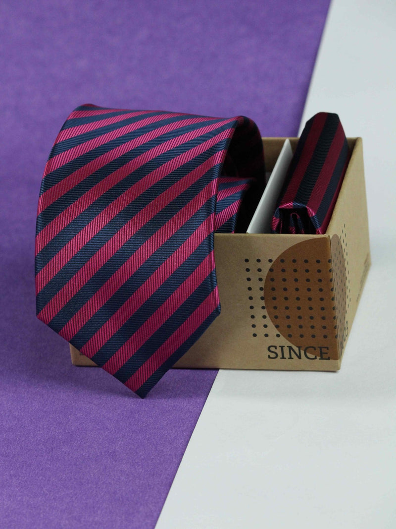 Pink & Navy Blue Stripe Necktie & Pocket Square Giftset - TOSSIDO
