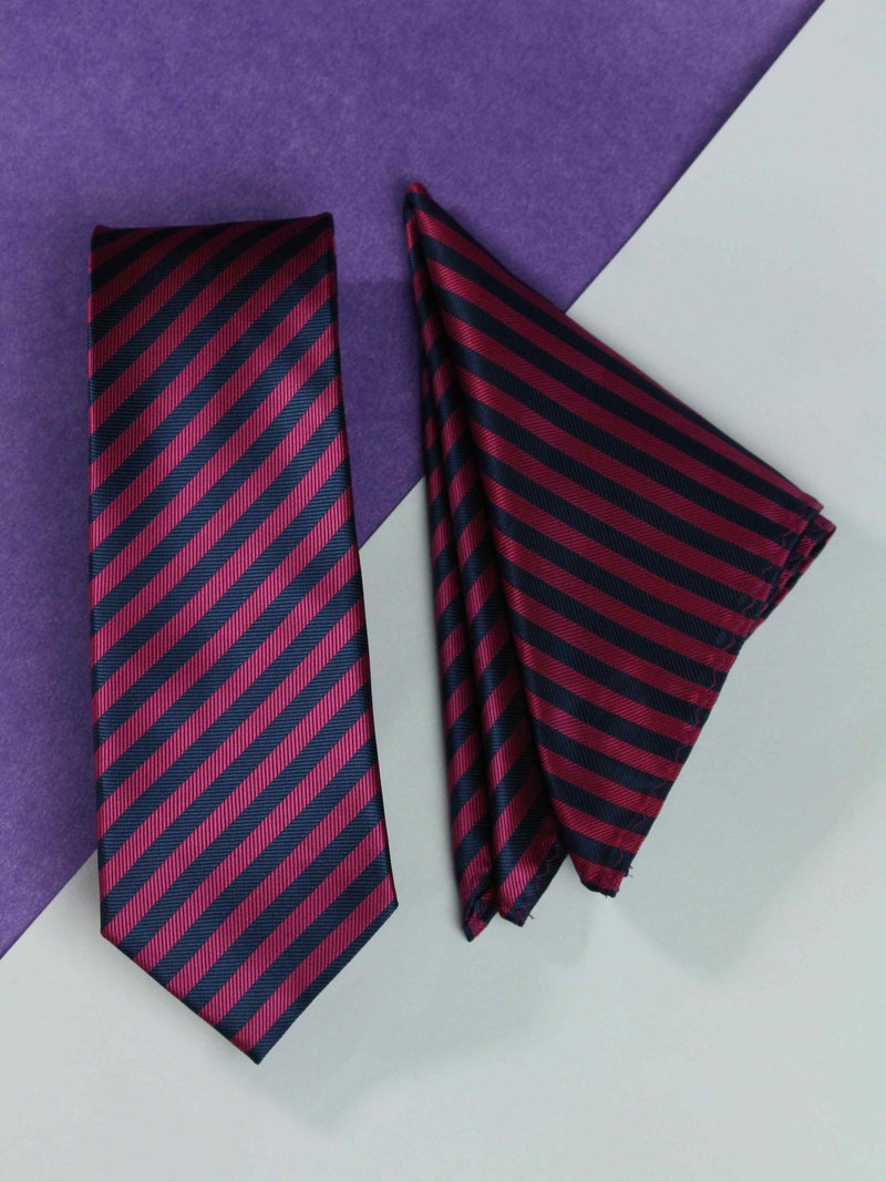 Pink & Navy Blue Stripe Necktie & Pocket Square Giftset - TOSSIDO