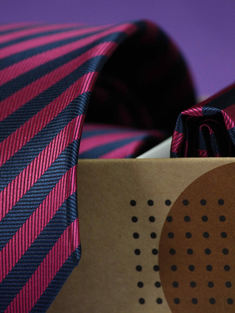 Pink & Navy Blue Stripe Necktie & Pocket Square Giftset - TOSSIDO