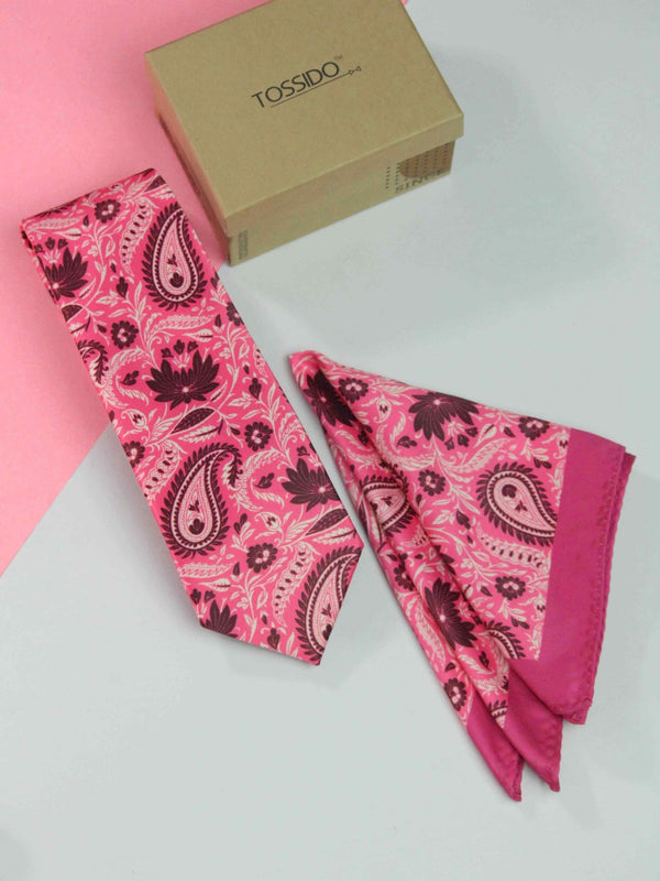 Pink Paisley Printed Necktie and Pocket Square Set - TOSSIDO