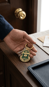 Green on Gold JGU Crest Laminated Keychain