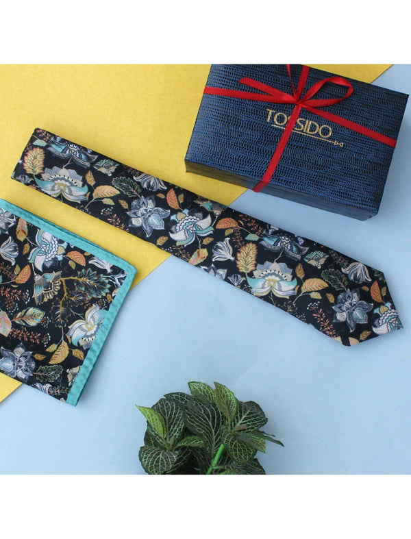 Printed Floral Necktie & Pocket Square Giftset - TOSSIDO