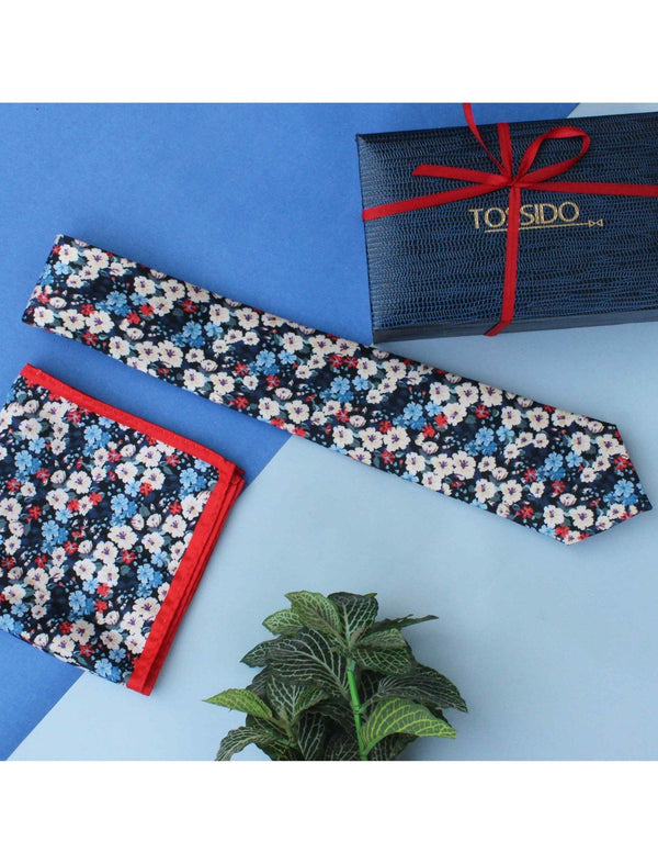 Printed Floral Necktie & Pocket Square Giftset - TOSSIDO