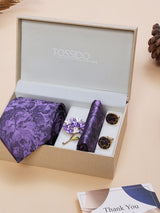 Purple Floral Necktie Pocket Square Brooch & Cufflinks Giftset - TOSSIDO
