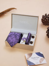 Purple Floral Necktie Pocket Square Brooch & Cufflinks Giftset - TOSSIDO