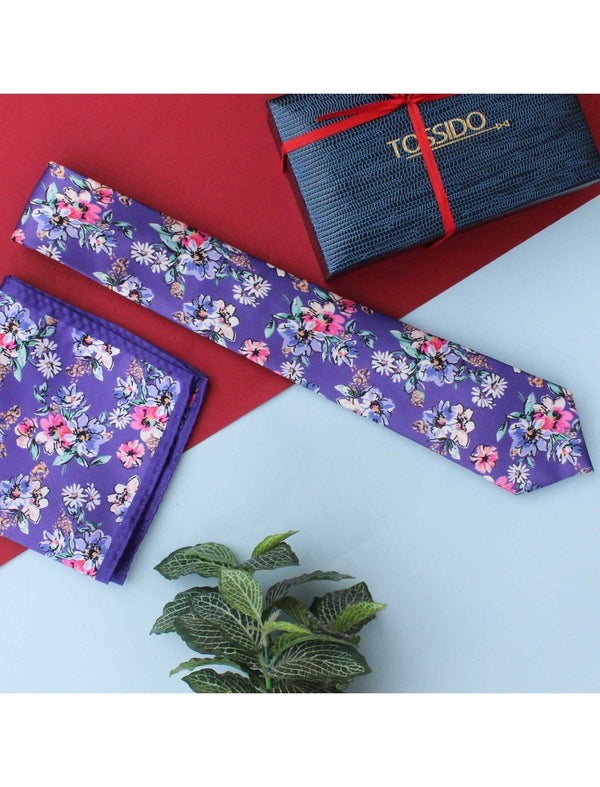 Purple Floral Printed Necktie &amp; Pocket Square Gift Set - TOSSIDO