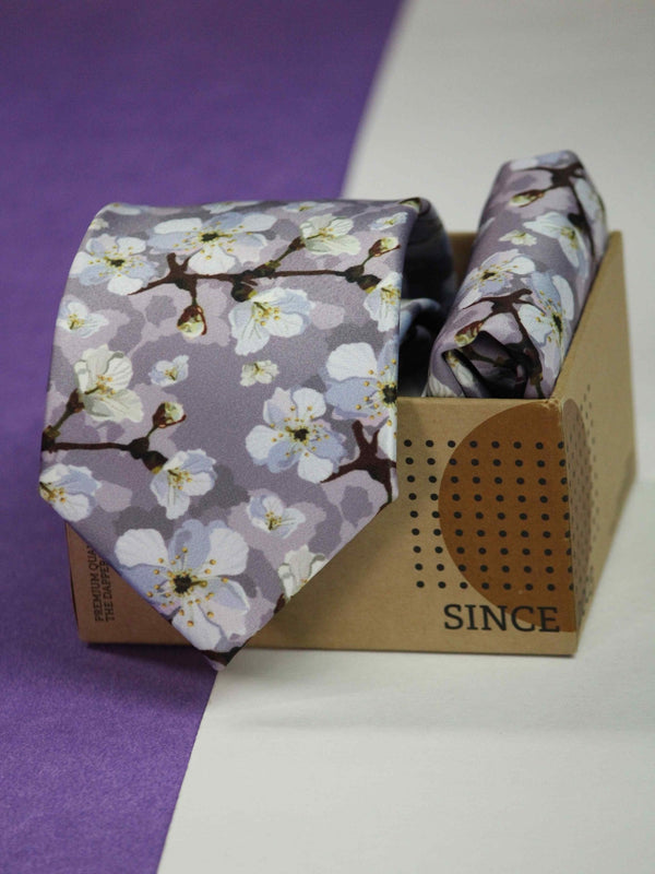 Purple Floral Printed Necktie and Pocket Square Set - TOSSIDO