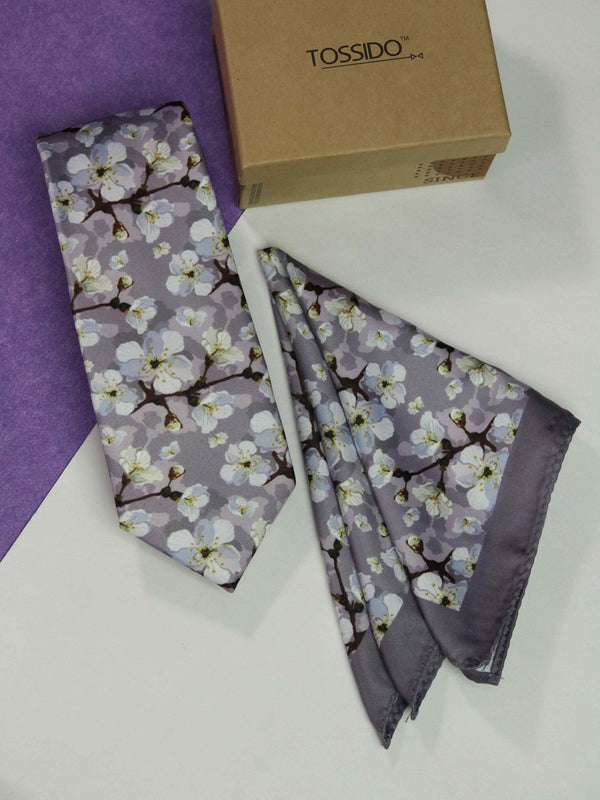 Purple Floral Printed Necktie and Pocket Square Set - TOSSIDO