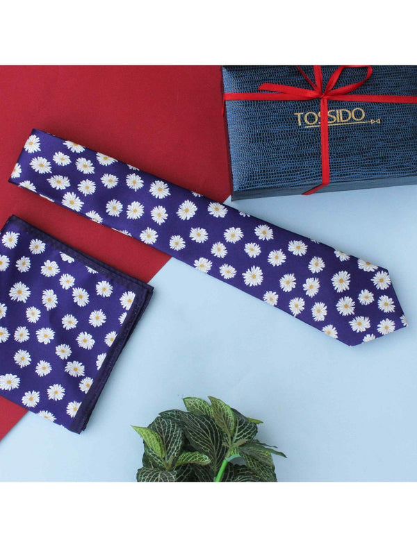 Purple Floral Printed Necktie & Pocket Square Giftset - TOSSIDO