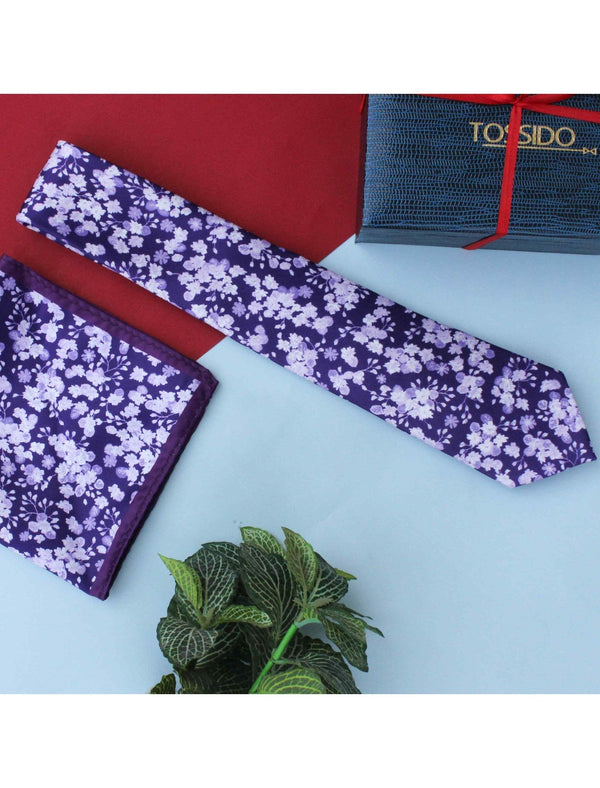 Purple Floral Printed Necktie & Pocket Square Giftset - TOSSIDO