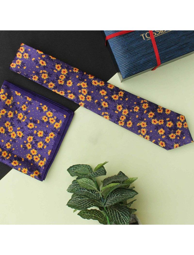 Purple Floral Printed Necktie & Pocket Square Giftset - TOSSIDO