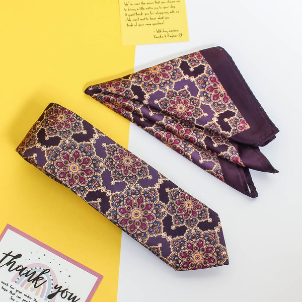 Purple Geometric Printed Necktie & Pocket Square Giftset - TOSSIDO