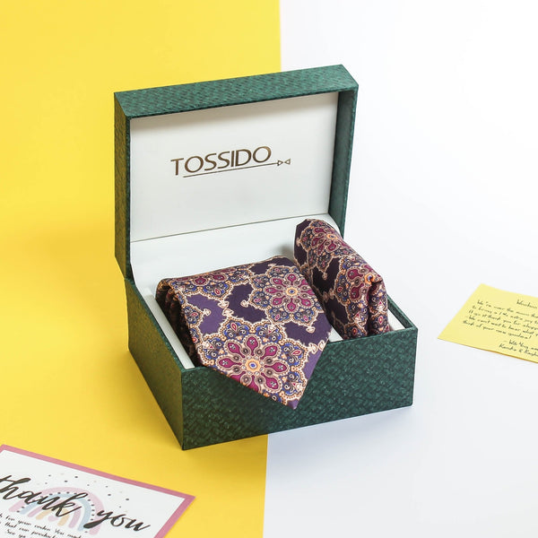 Purple Geometric Printed Necktie & Pocket Square Giftset - TOSSIDO