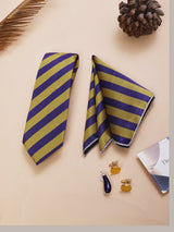 Purple & Mustard Striped Necktie Pocket Square Brooch & Cufflinks Giftset