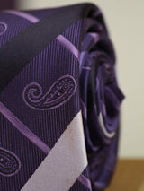 Purple paisley necktie in woven microfiber, tied view