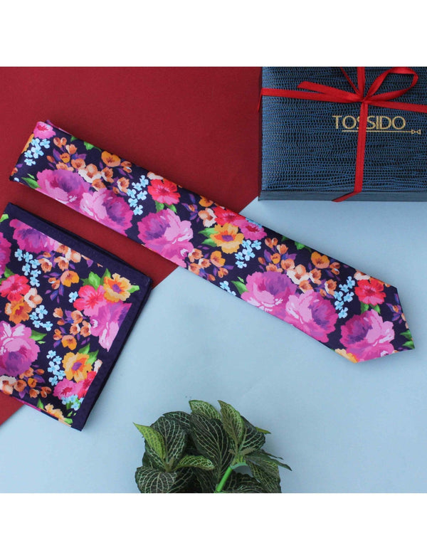 Purple Printed Floral Necktie & Pocket Square Giftset - TOSSIDO