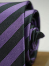 Purple stripe necktie in woven microfiber, tied view