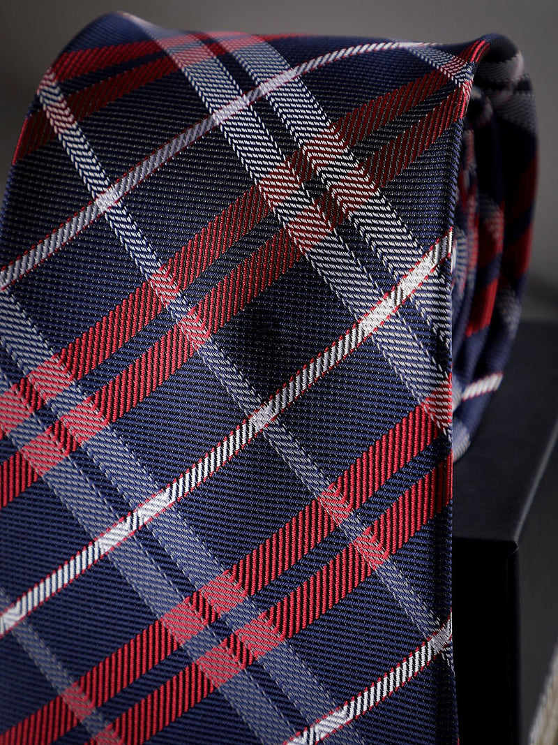 Red & Blue Check Woven Long Necktie - TOSSIDO
