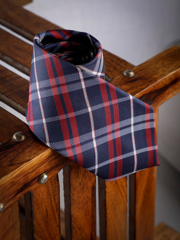 Red & Blue Check Woven Long Necktie - TOSSIDO
