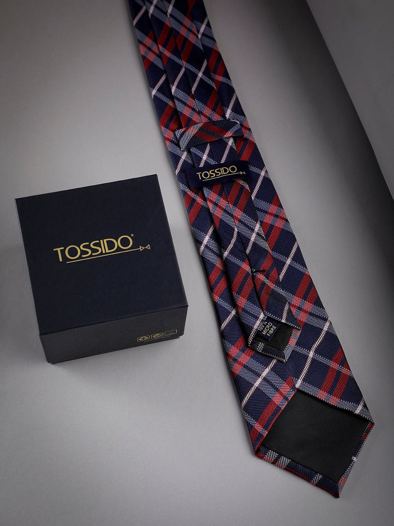 Red & Blue Check Woven Long Necktie - TOSSIDO