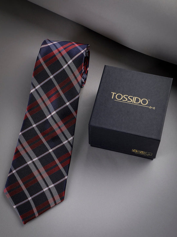 Red & Blue Check Woven Long Necktie - TOSSIDO
