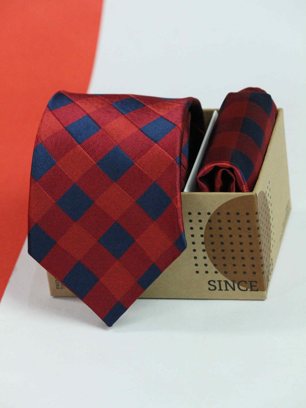 Red Check Necktie & Pocket Square Giftset - TOSSIDO