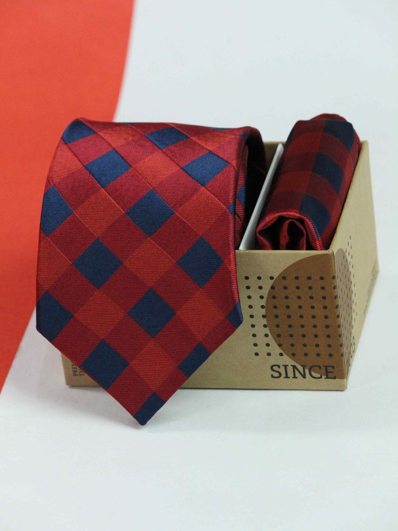 Red Check Necktie & Pocket Square Giftset - TOSSIDO