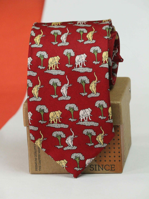 Red Elephant Printed Silk Necktie - TOSSIDO