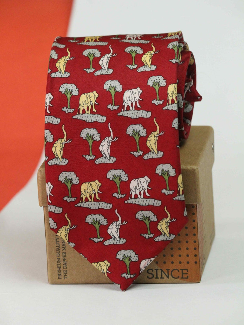 Red Elephant Printed Silk Necktie - TOSSIDO