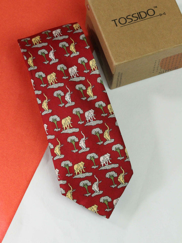 Red Elephant Printed Silk Necktie - TOSSIDO