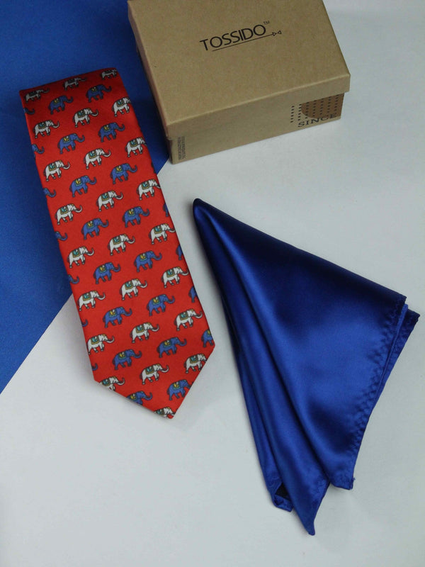 Red Elephant Tie & Hanky Set - TOSSIDO