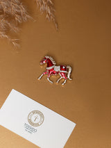 Red Enamel Crystal Saddle Horse Brooch