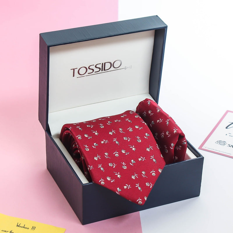Red Floral Necktie & Pocket Square Giftset - TOSSIDO