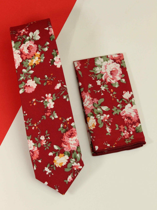 Red Floral Necktie & Pocket Square Giftset - TOSSIDO