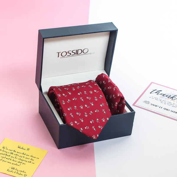 Red Floral Necktie & Pocket Square Giftset - TOSSIDO
