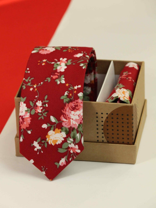 Red Floral Necktie & Pocket Square Giftset - TOSSIDO