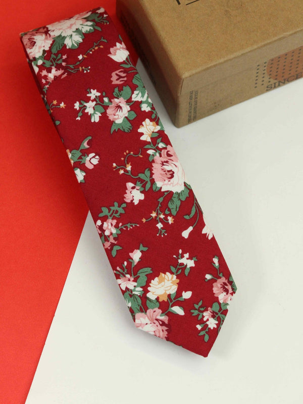 Red Floral Skinny Necktie - TOSSIDO
