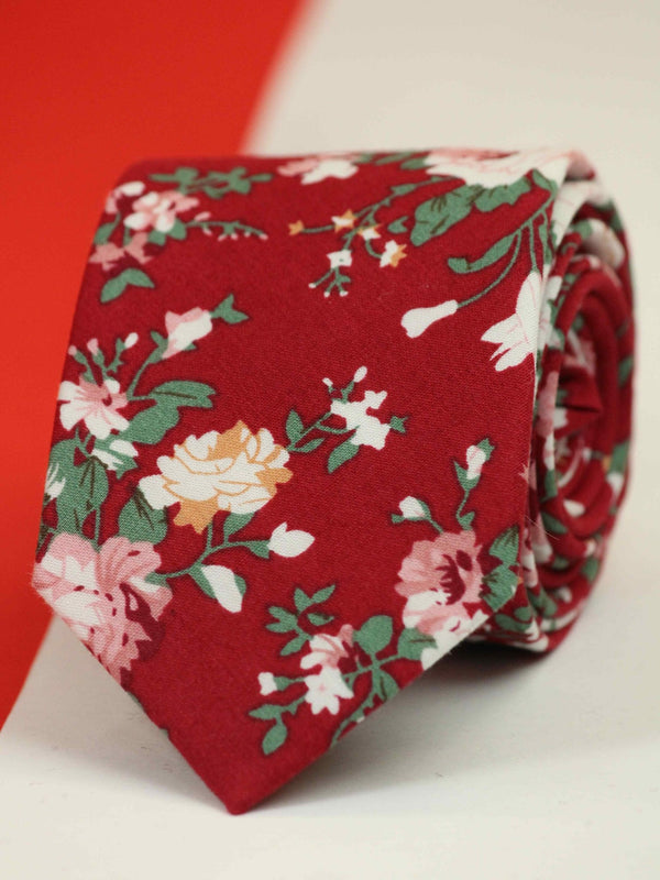 Red Floral Skinny Necktie - TOSSIDO